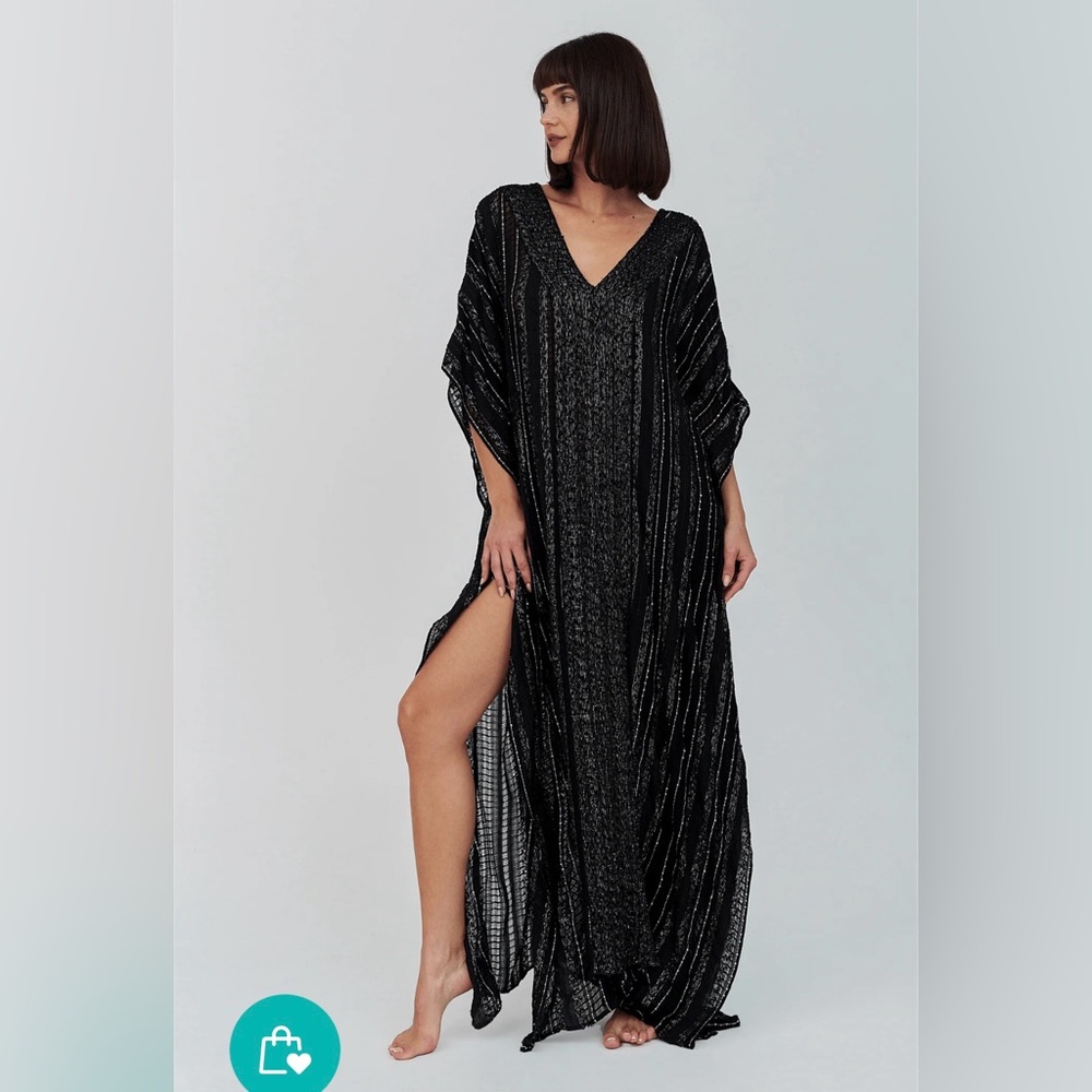 Pitusa Black Metallic Stripe V-Neck Swim Coverup Caftan